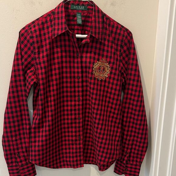 Lauren Ralph Lauren Red and Black Gingham Button Down with Embellished Logo PS - Picture 1 of 9